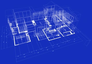 Blueprint style 3D rendered house with white outlines on blue background
