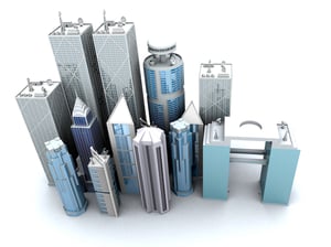corporate buildings rendered from a high angle over a white background